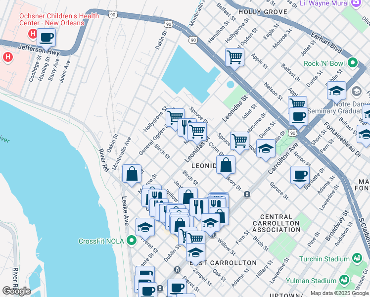 map of restaurants, bars, coffee shops, grocery stores, and more near 1719 Monroe Street in New Orleans