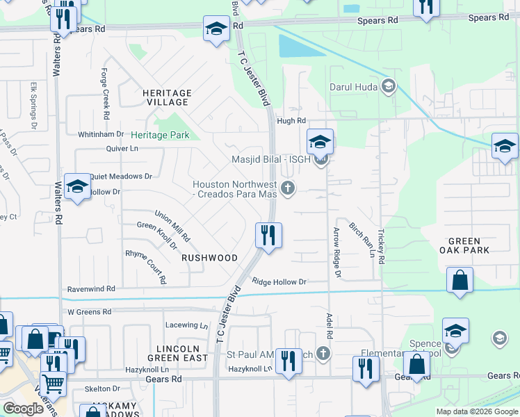map of restaurants, bars, coffee shops, grocery stores, and more near 11810 Hallowing Point Road in Houston