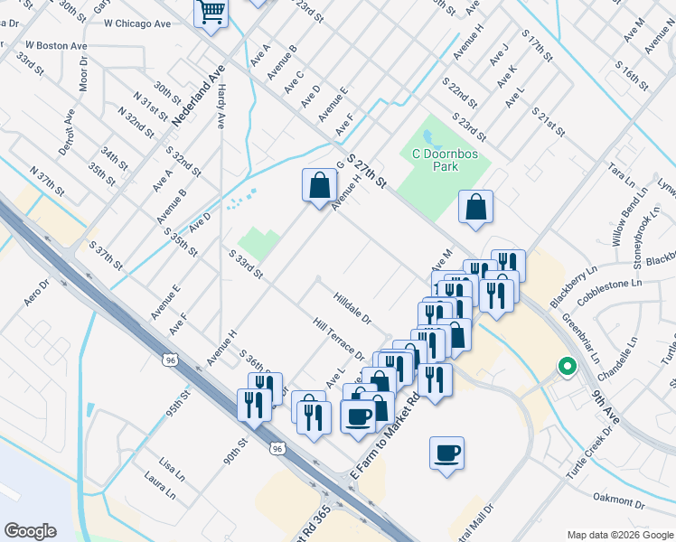map of restaurants, bars, coffee shops, grocery stores, and more near 3016 Avenue J in Nederland