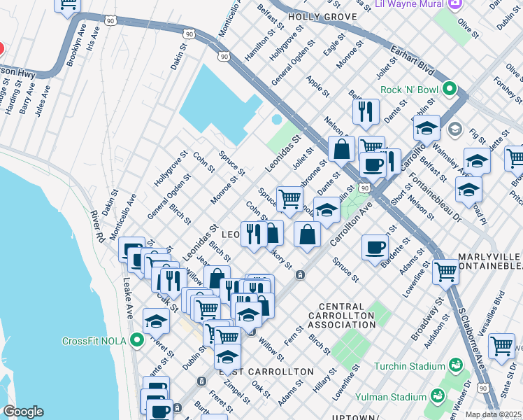 map of restaurants, bars, coffee shops, grocery stores, and more near 8431 Cohn Street in New Orleans