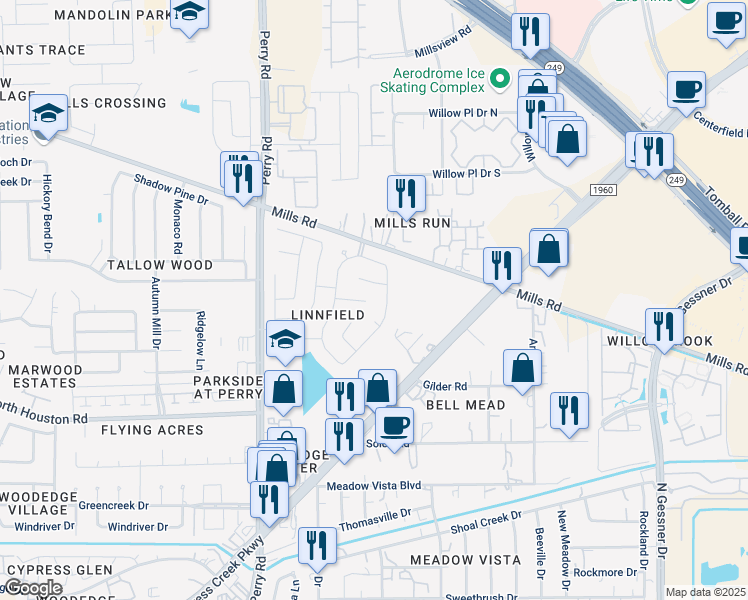 map of restaurants, bars, coffee shops, grocery stores, and more near 9302 Gablewinn Court in Houston