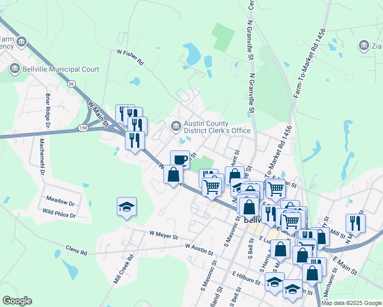 map of restaurants, bars, coffee shops, grocery stores, and more near 212 North Baron Street in Bellville