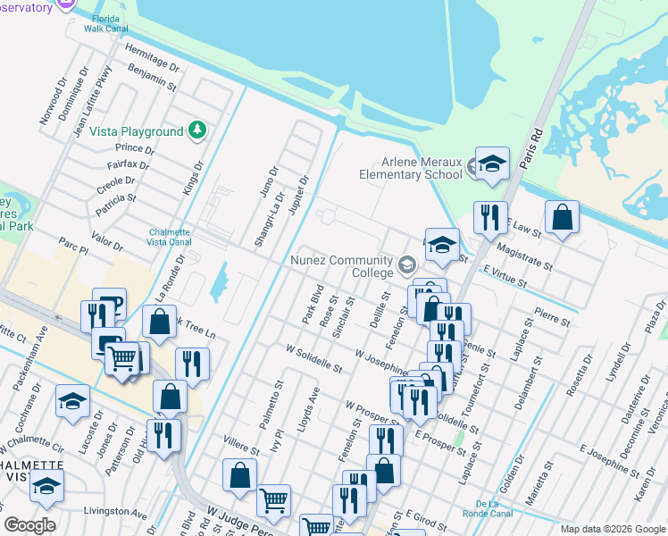 map of restaurants, bars, coffee shops, grocery stores, and more near 604 West Liberaux Street in Chalmette