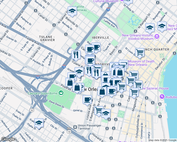 map of restaurants, bars, coffee shops, grocery stores, and more near 1324 Tulane Avenue in New Orleans