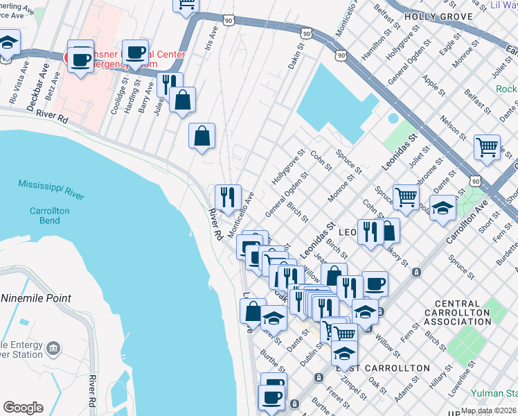 map of restaurants, bars, coffee shops, grocery stores, and more near 8924 Jeannette Street in New Orleans