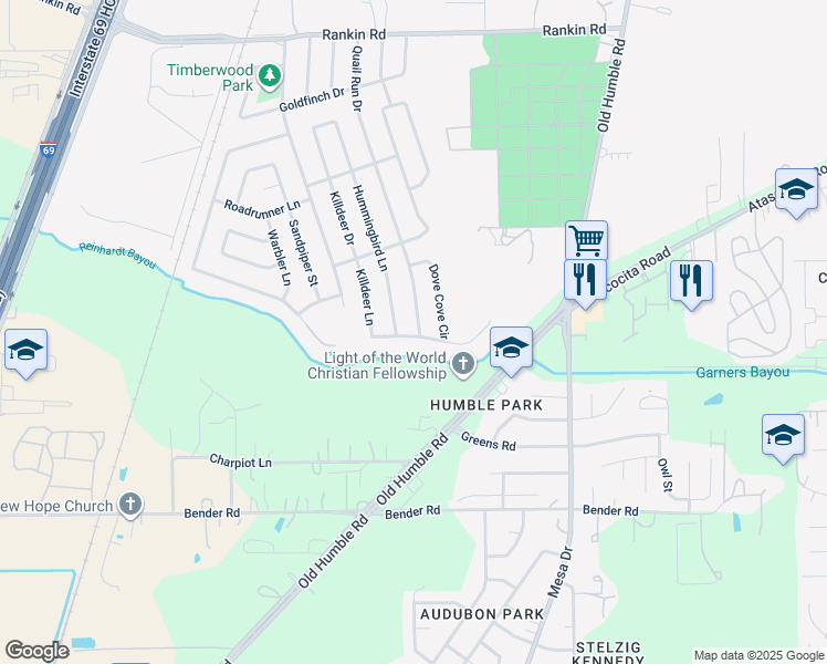 map of restaurants, bars, coffee shops, grocery stores, and more near 3234 Quail Run Drive in Humble