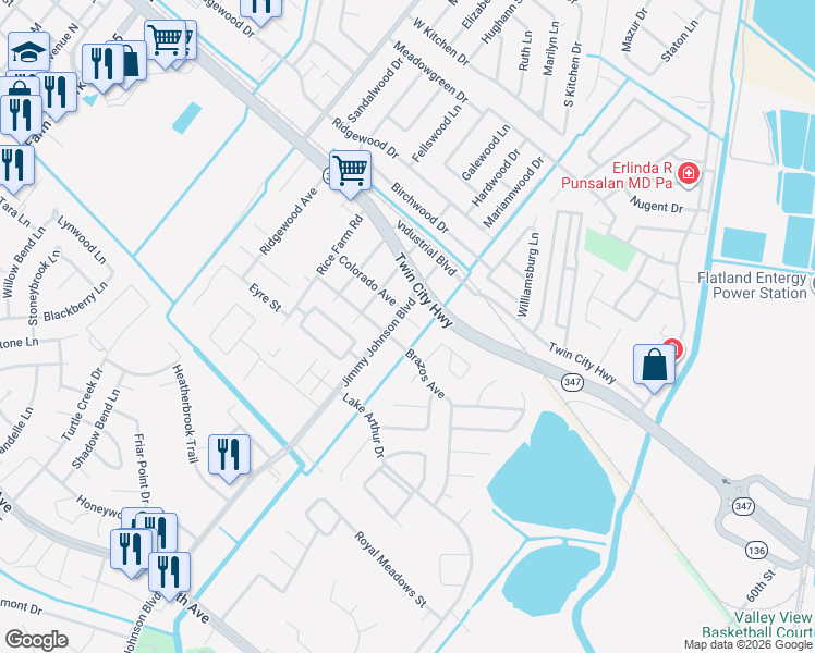 map of restaurants, bars, coffee shops, grocery stores, and more near 4710 Jimmy Johnson Boulevard in Port Arthur