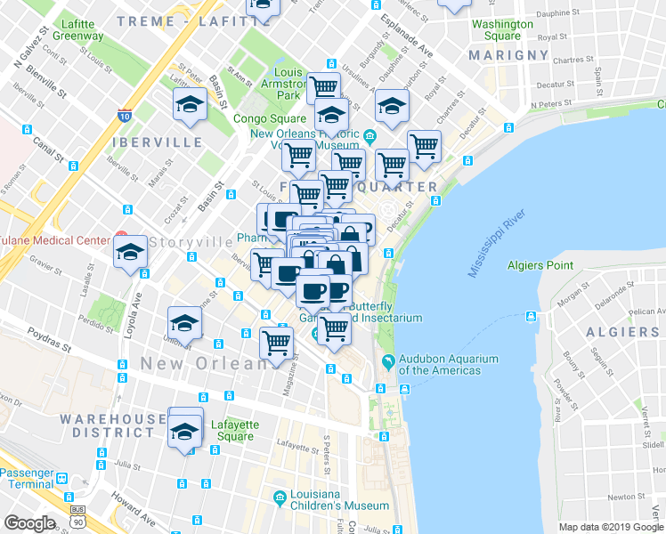 map of restaurants, bars, coffee shops, grocery stores, and more near 410 Chartres Street in New Orleans