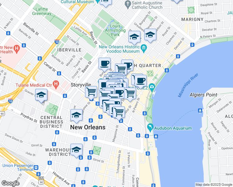 map of restaurants, bars, coffee shops, grocery stores, and more near 305 Royal Street in New Orleans
