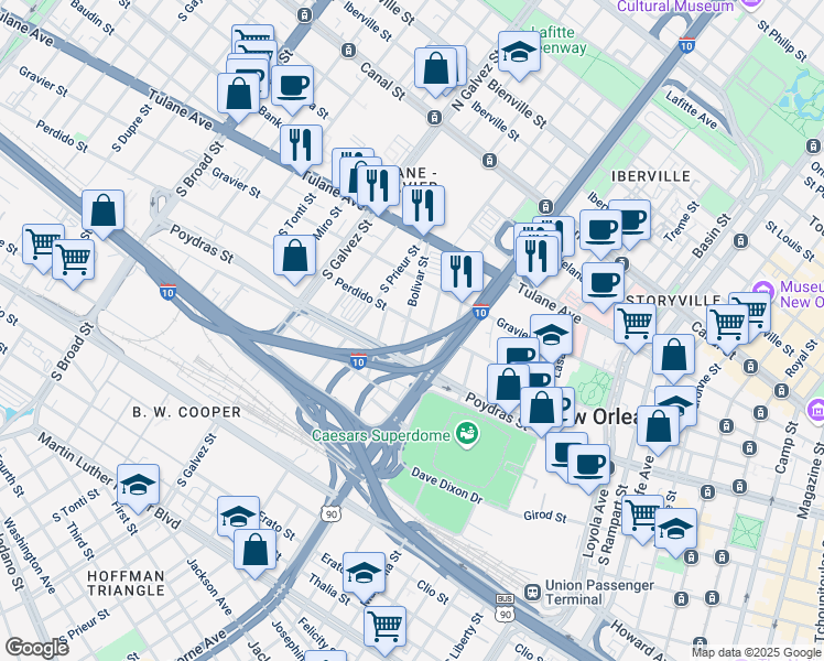 map of restaurants, bars, coffee shops, grocery stores, and more near 1900 Perdido Street in New Orleans