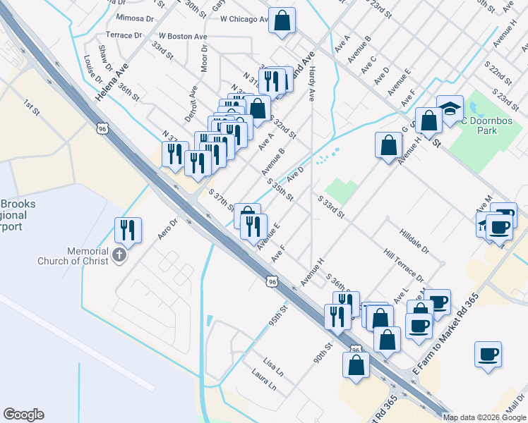 map of restaurants, bars, coffee shops, grocery stores, and more near 3620 Ave D in Nederland