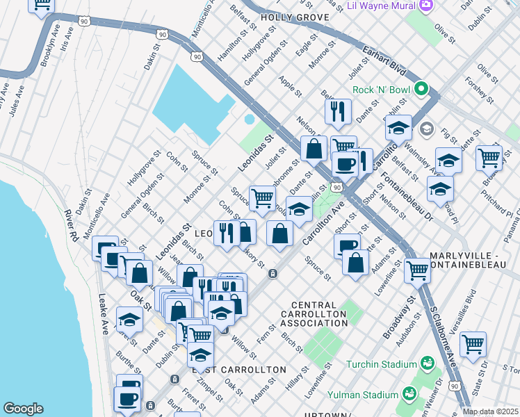 map of restaurants, bars, coffee shops, grocery stores, and more near 8331 Spruce Street in New Orleans