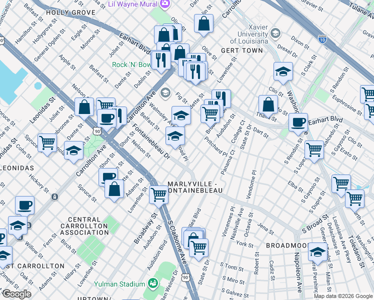 map of restaurants, bars, coffee shops, grocery stores, and more near 7221 Broad Place in New Orleans