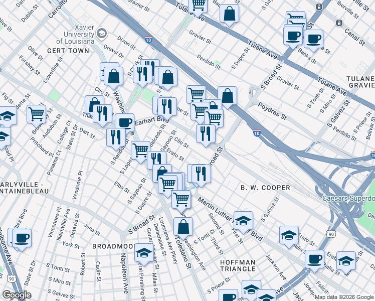 map of restaurants, bars, coffee shops, grocery stores, and more near 4108 Clio Street in New Orleans