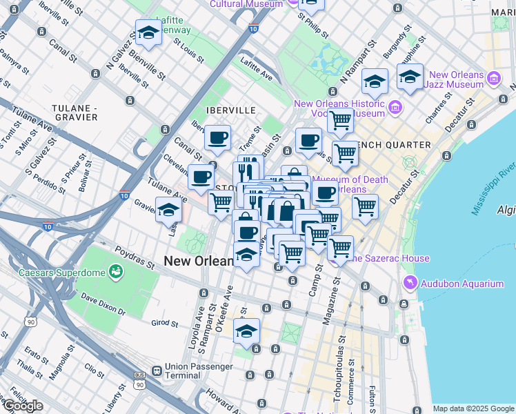 map of restaurants, bars, coffee shops, grocery stores, and more near 1002 Canal Street in New Orleans