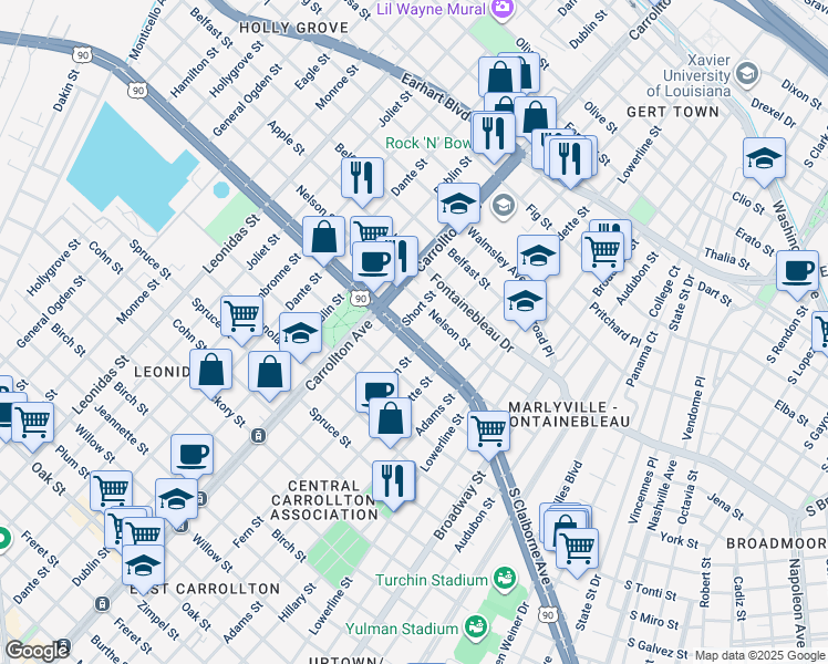 map of restaurants, bars, coffee shops, grocery stores, and more near 2400 Fern Street in New Orleans
