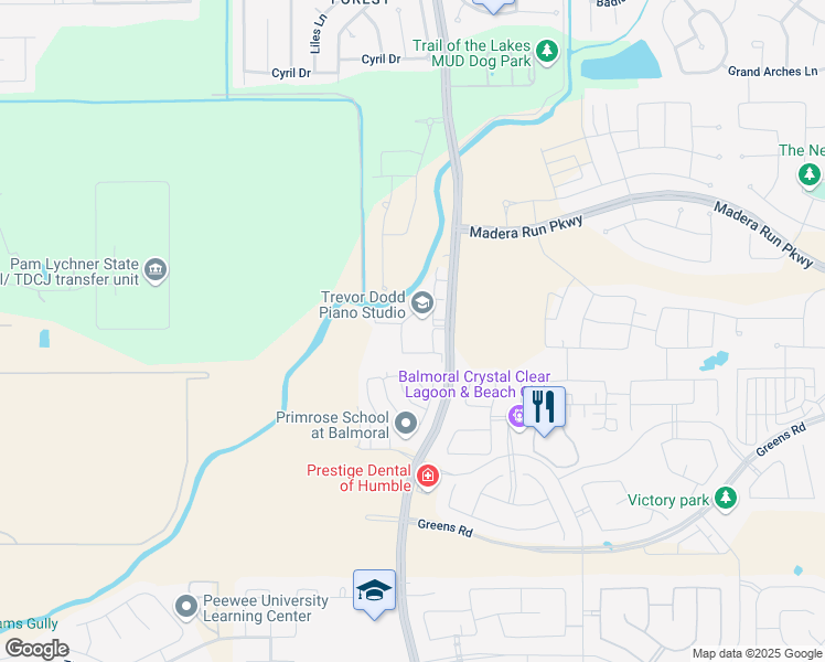 map of restaurants, bars, coffee shops, grocery stores, and more near 15951 Woodland Hills Drive in Humble
