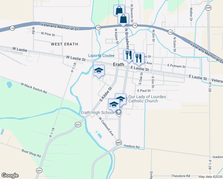 map of restaurants, bars, coffee shops, grocery stores, and more near 501-599 South Kibbe Street in Erath