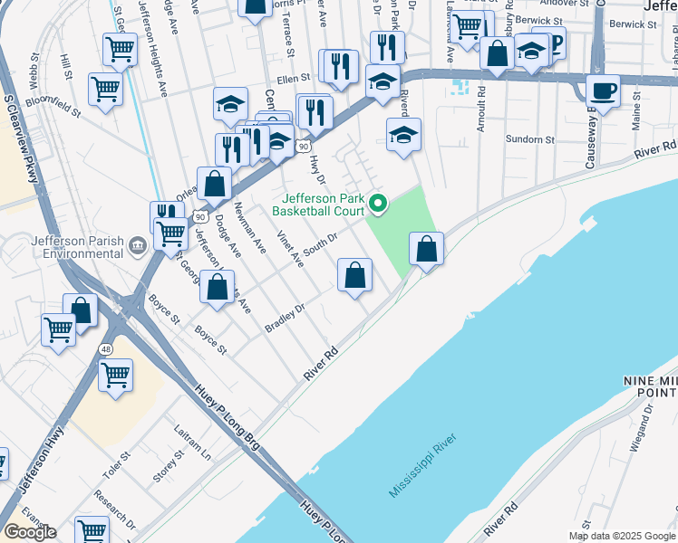 map of restaurants, bars, coffee shops, grocery stores, and more near 214 Central Avenue in Jefferson