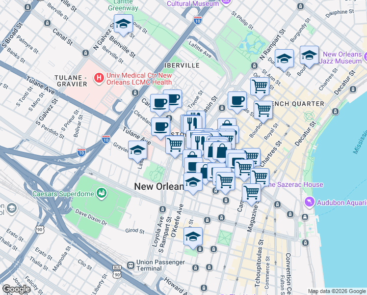 map of restaurants, bars, coffee shops, grocery stores, and more near 144 Elk Place in New Orleans