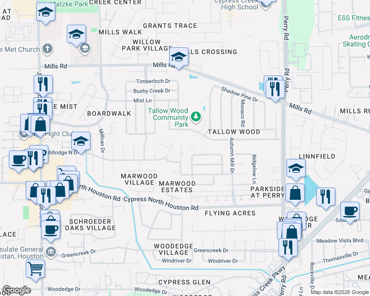 map of restaurants, bars, coffee shops, grocery stores, and more near 12522 Mill Lane Drive in Houston