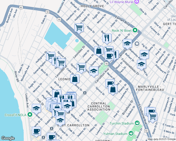 map of restaurants, bars, coffee shops, grocery stores, and more near 8235 Panola Street in New Orleans