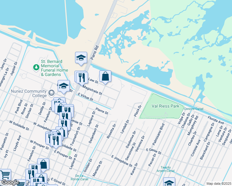 map of restaurants, bars, coffee shops, grocery stores, and more near 512 East Law Street in Chalmette