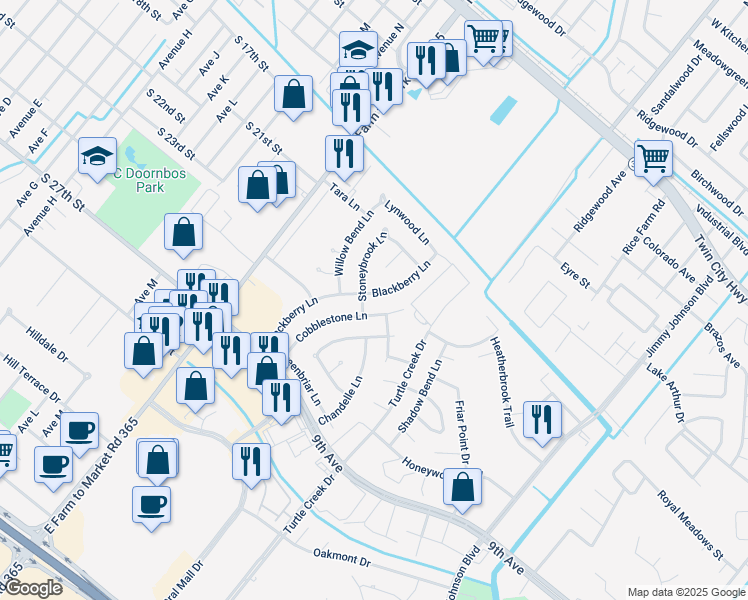 map of restaurants, bars, coffee shops, grocery stores, and more near 4104 Blackberry Ln in Port Arthur