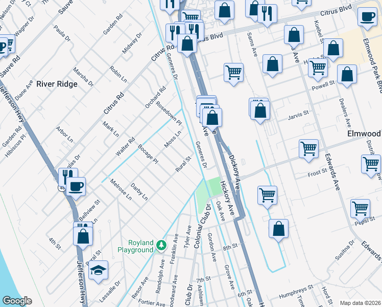 map of restaurants, bars, coffee shops, grocery stores, and more near 1128 Generes Drive in River Ridge