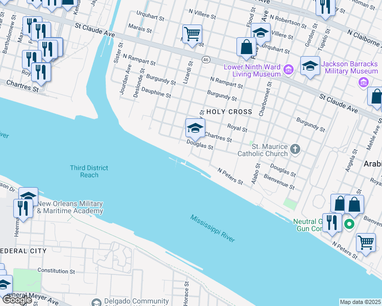 map of restaurants, bars, coffee shops, grocery stores, and more near 401 Andry Street in New Orleans