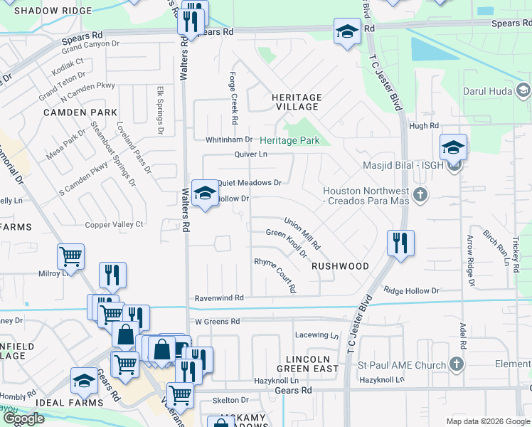 map of restaurants, bars, coffee shops, grocery stores, and more near 2510 Union Mill Road in Houston