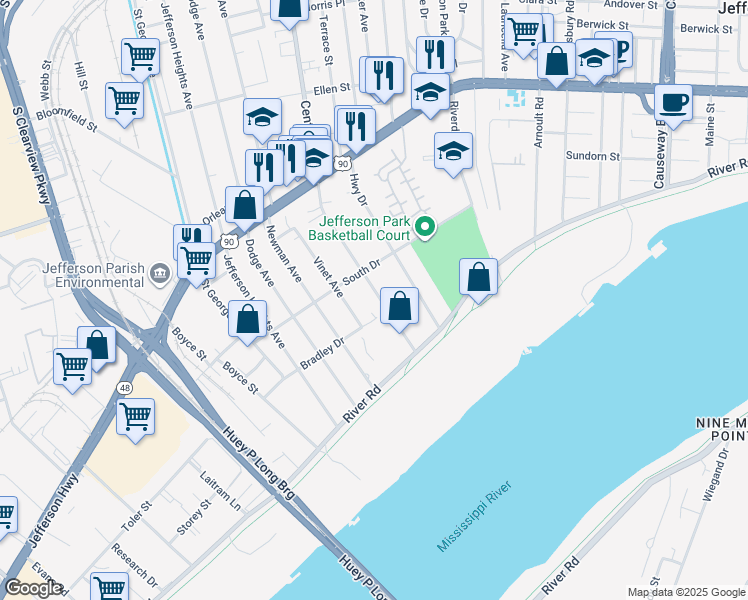 map of restaurants, bars, coffee shops, grocery stores, and more near 220 Central Avenue in Jefferson