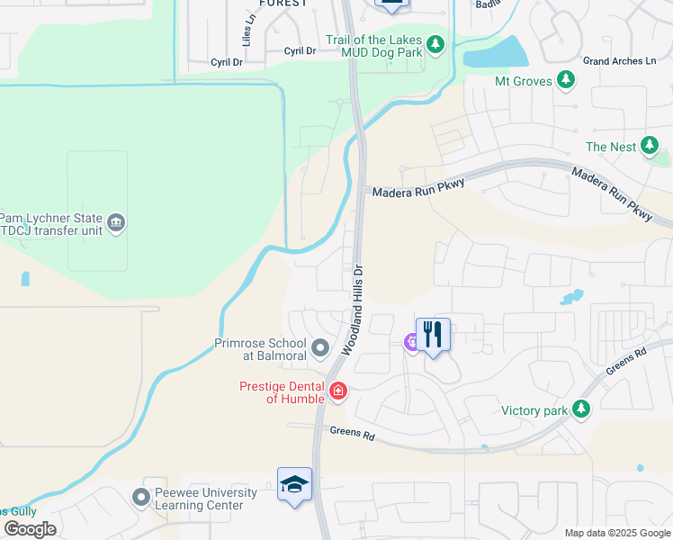 map of restaurants, bars, coffee shops, grocery stores, and more near 15951 Woodland Hills Drive in Humble