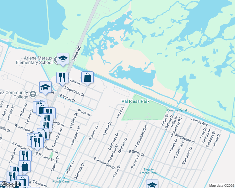 map of restaurants, bars, coffee shops, grocery stores, and more near 712 Daryl Drive in Chalmette