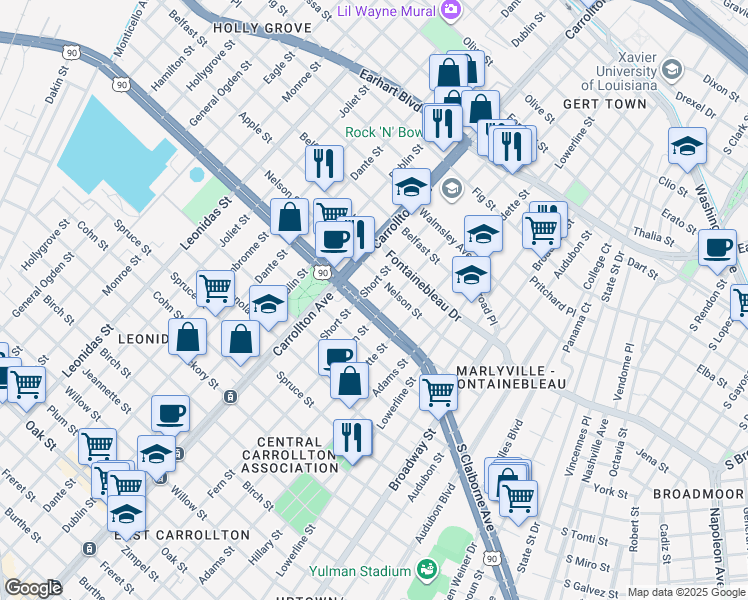 map of restaurants, bars, coffee shops, grocery stores, and more near 7915 South Claiborne Avenue in New Orleans
