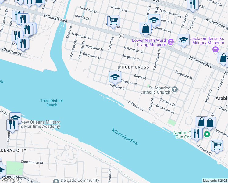 map of restaurants, bars, coffee shops, grocery stores, and more near 401 Andry Street in New Orleans