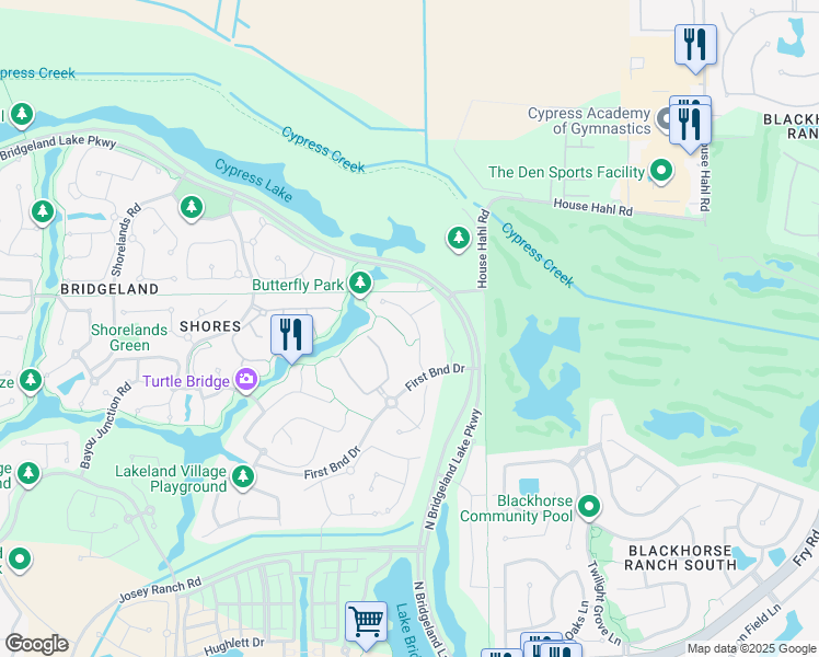 map of restaurants, bars, coffee shops, grocery stores, and more near 17603 Broad Bend Drive in Cypress