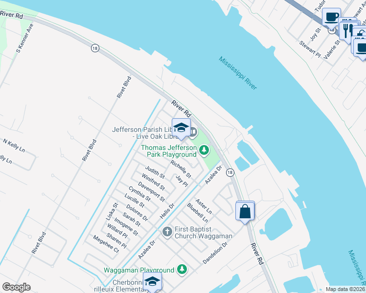 map of restaurants, bars, coffee shops, grocery stores, and more near 217 Acadia Drive in Westwego