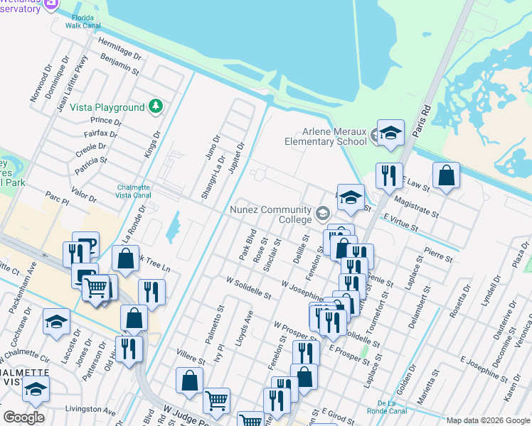 map of restaurants, bars, coffee shops, grocery stores, and more near 604 West Liberaux Street in Chalmette