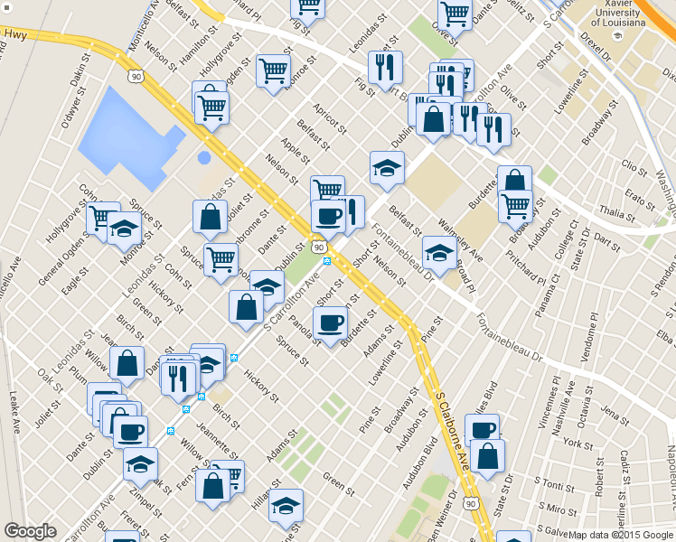 map of restaurants, bars, coffee shops, grocery stores, and more near 8002 South Claiborne Avenue in New Orleans
