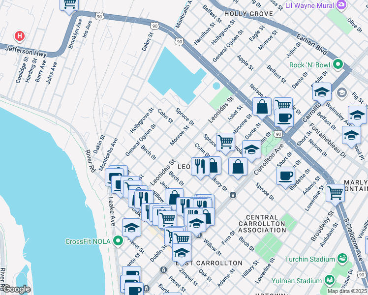 map of restaurants, bars, coffee shops, grocery stores, and more near 8525 Hickory Street in New Orleans