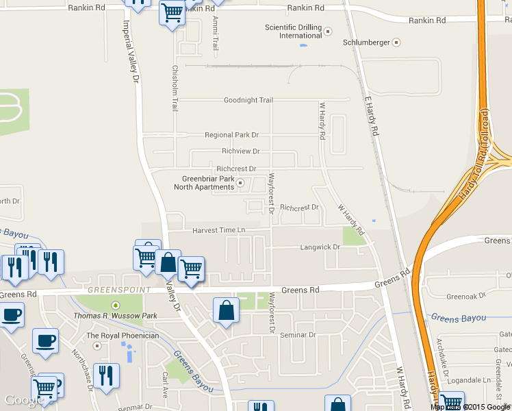 map of restaurants, bars, coffee shops, grocery stores, and more near 17715 Wayforest Drive in Houston
