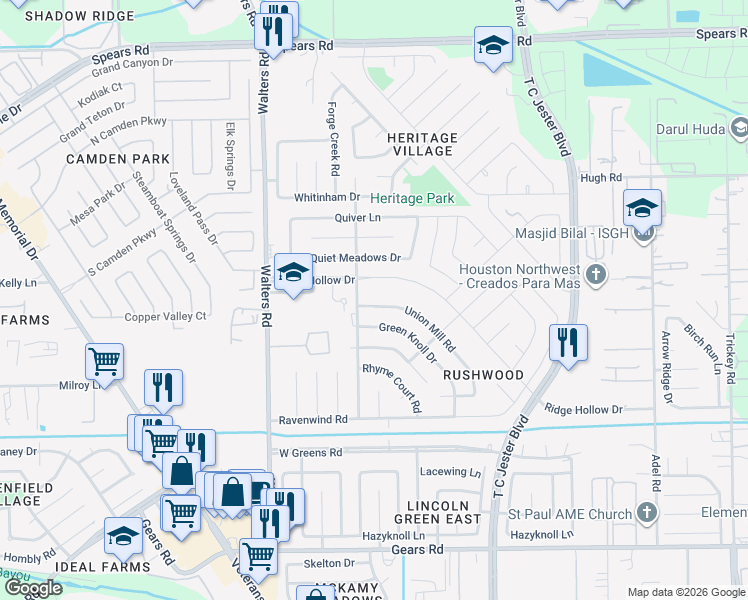 map of restaurants, bars, coffee shops, grocery stores, and more near 2510 Union Mill Road in Houston