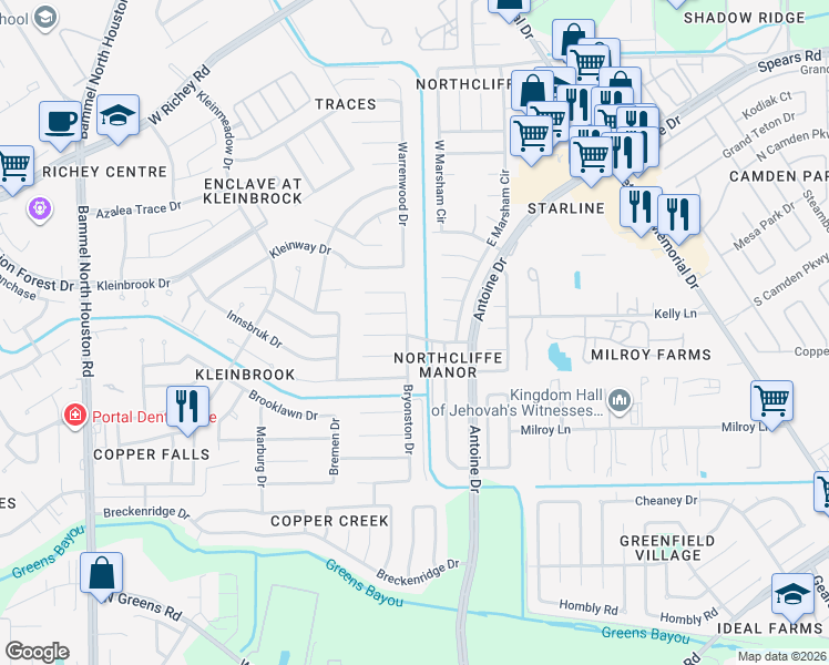 map of restaurants, bars, coffee shops, grocery stores, and more near 11850 Bryonston Drive in Houston