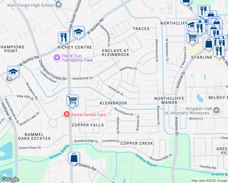 map of restaurants, bars, coffee shops, grocery stores, and more near 4911 Innsbruk Drive in Houston
