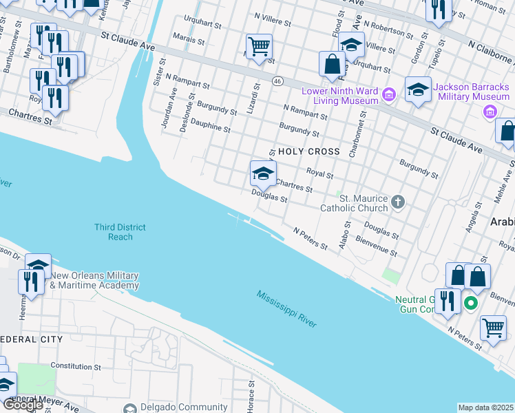 map of restaurants, bars, coffee shops, grocery stores, and more near 405 Andry Street in New Orleans