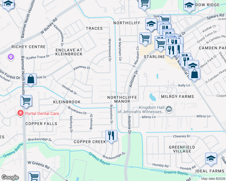 map of restaurants, bars, coffee shops, grocery stores, and more near 11850 Bryonston Drive in Houston