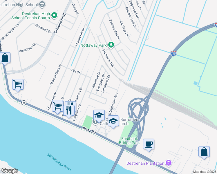 map of restaurants, bars, coffee shops, grocery stores, and more near 3742 Ashton Drive in Destrehan