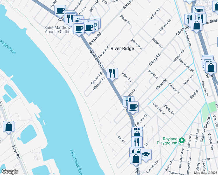 map of restaurants, bars, coffee shops, grocery stores, and more near 141 Midway Drive in River Ridge