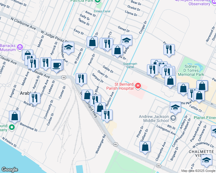 map of restaurants, bars, coffee shops, grocery stores, and more near 412 Serpas Drive in Arabi